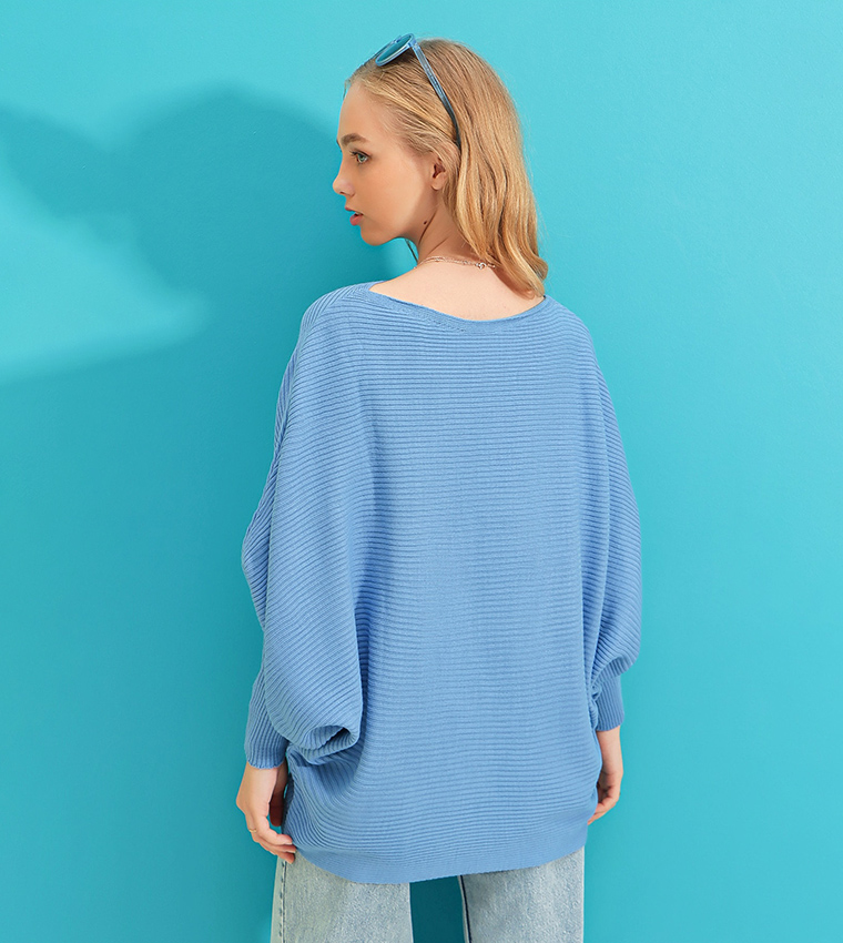 Buy Trend Alaçatı Stili Boat Neck Knitted Sweater In Blue | 6thStreet Qatar