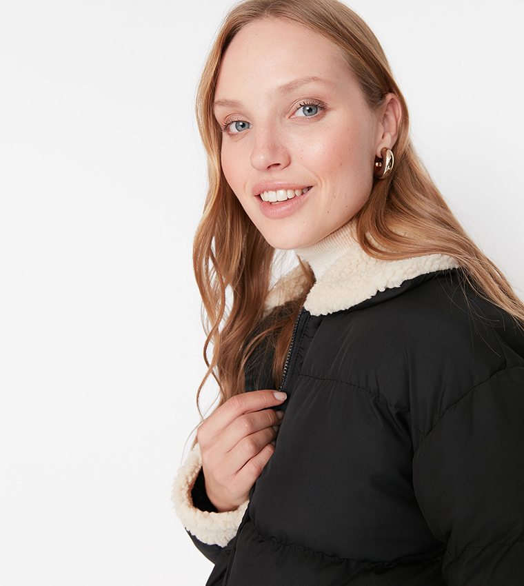 Buy Trendyol Spread Collar Fur Detailed Puffer Jacket In Black