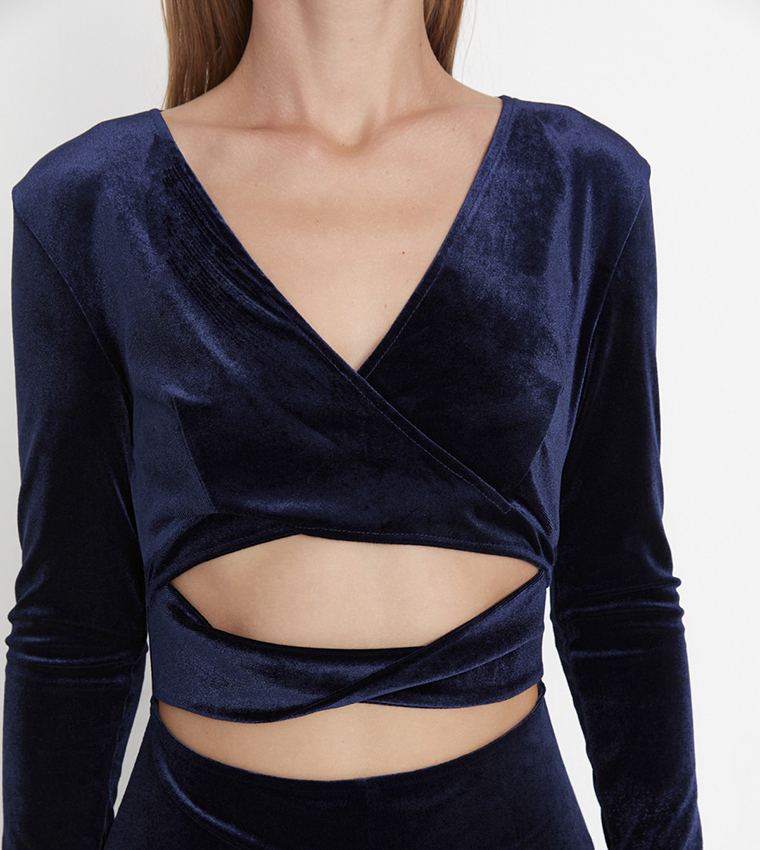 Buy Trendyol Cut Out Detailed Velvet Jumpsuit In Navy