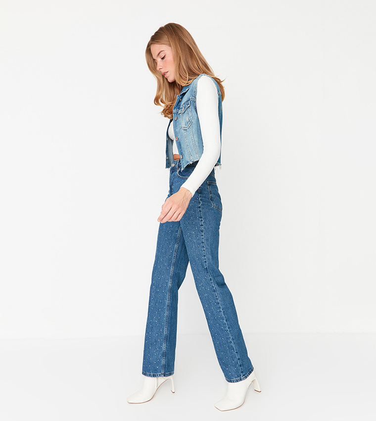 Stone Detailed High Waist Wide Leg Jeans