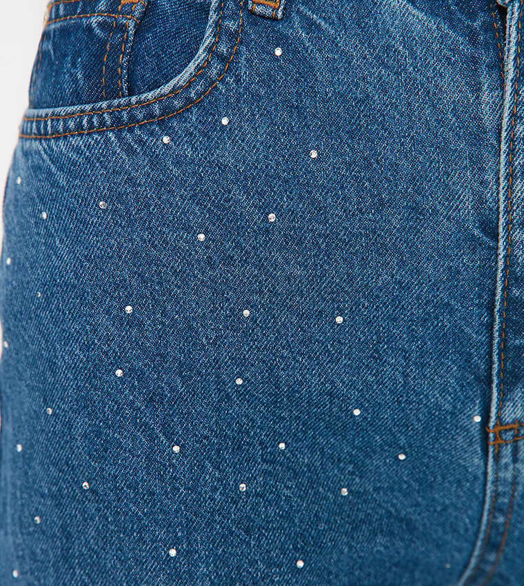 Stone Detailed High Waist Wide Leg Jeans