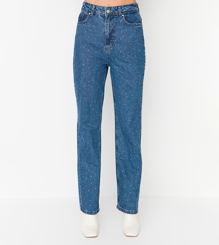 Stone Detailed High Waist Wide Leg Jeans