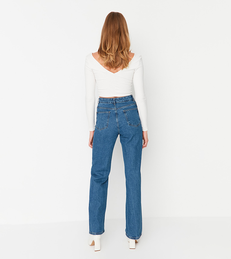 Stone Detailed High Waist Wide Leg Jeans