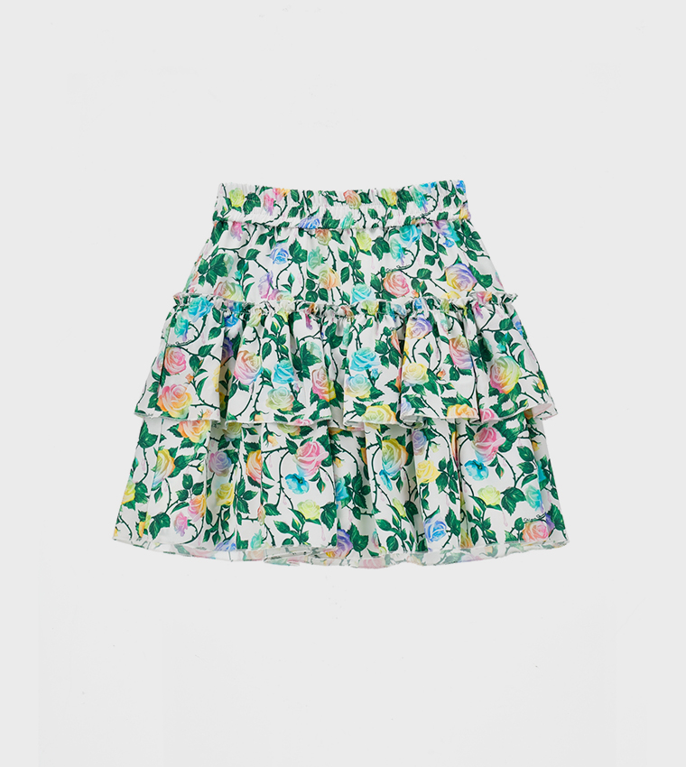 Floral Printed Elastic Waist Layered Skirt