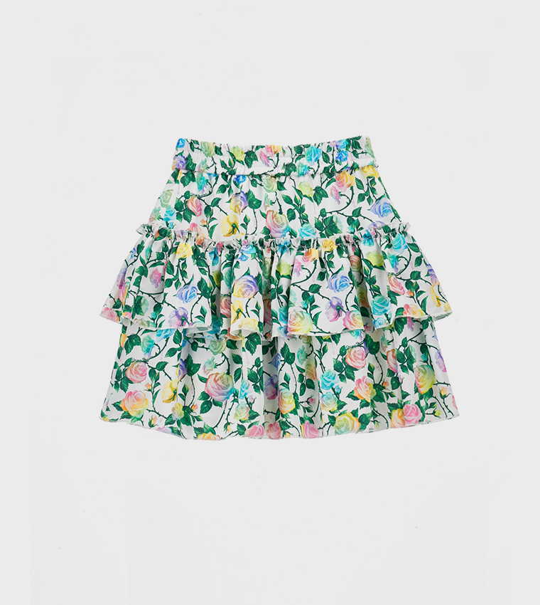 Floral Printed Elastic Waist Layered Skirt