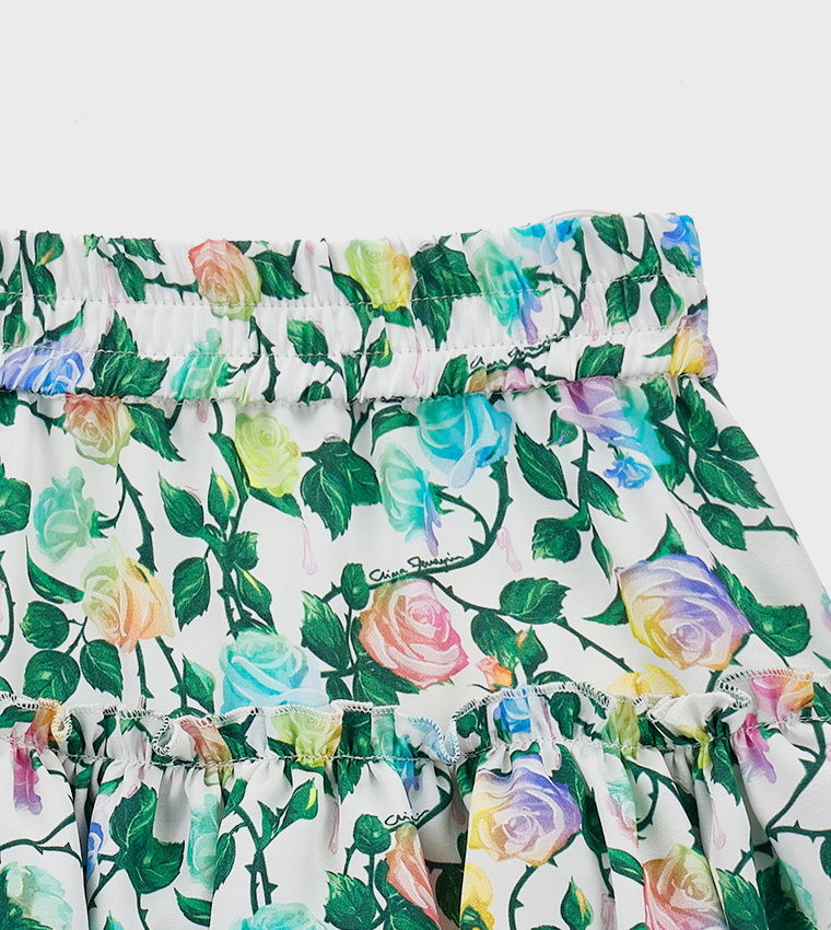 Floral Printed Elastic Waist Layered Skirt