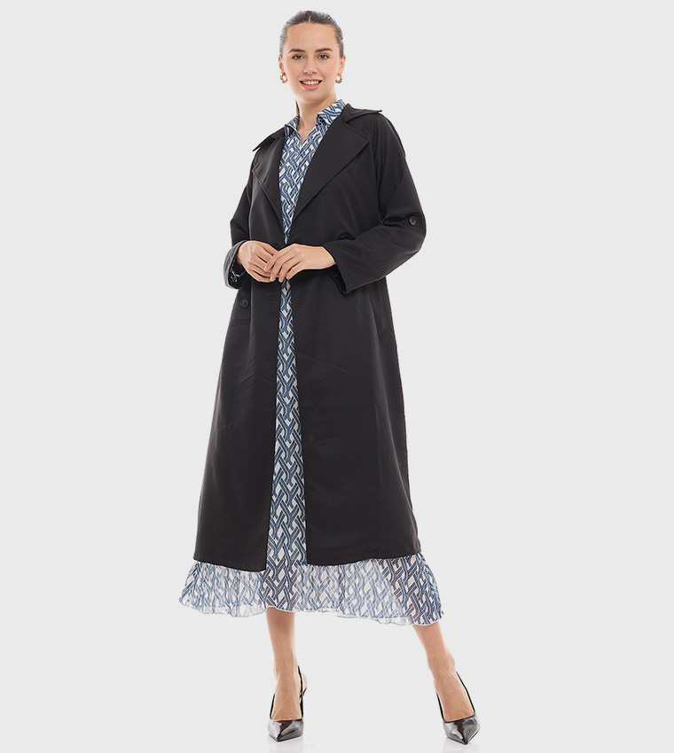 معطف سادة بياقة مزدوجة