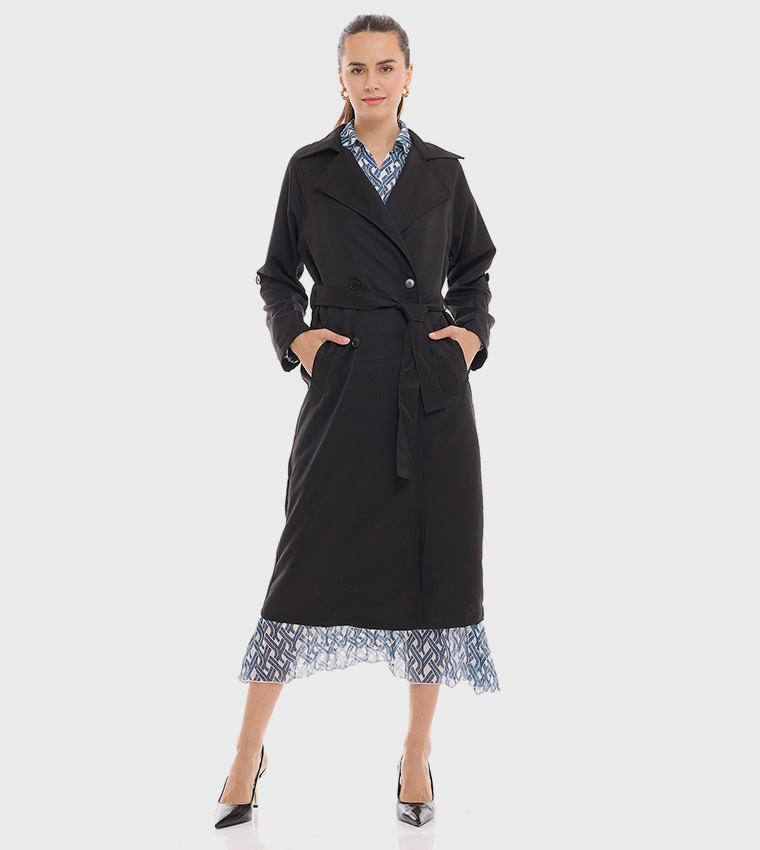 معطف سادة بياقة مزدوجة