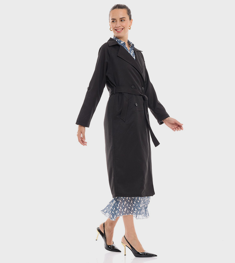 معطف سادة بياقة مزدوجة