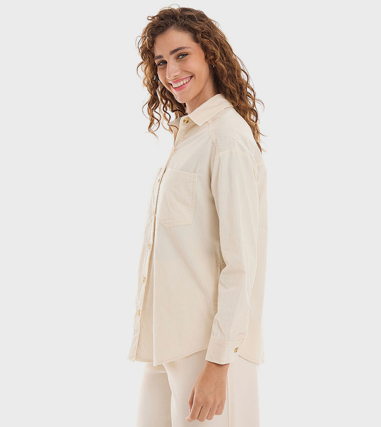 Corduroy Shirt with Classic Collar and Long Sleeves