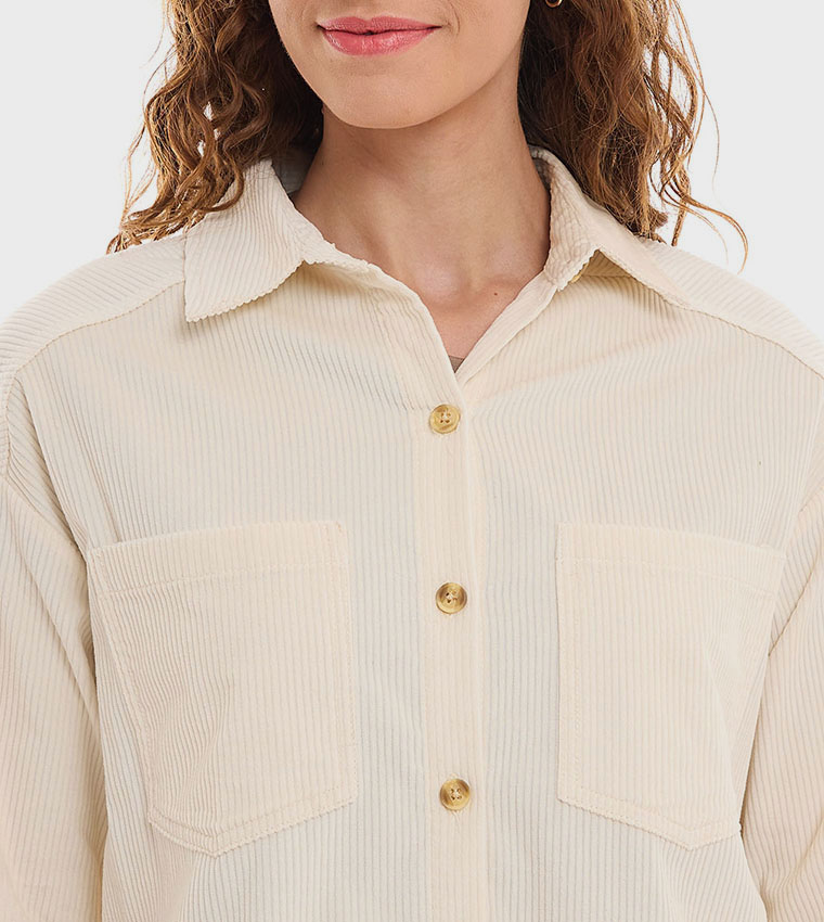 Corduroy Shirt with Classic Collar and Long Sleeves
