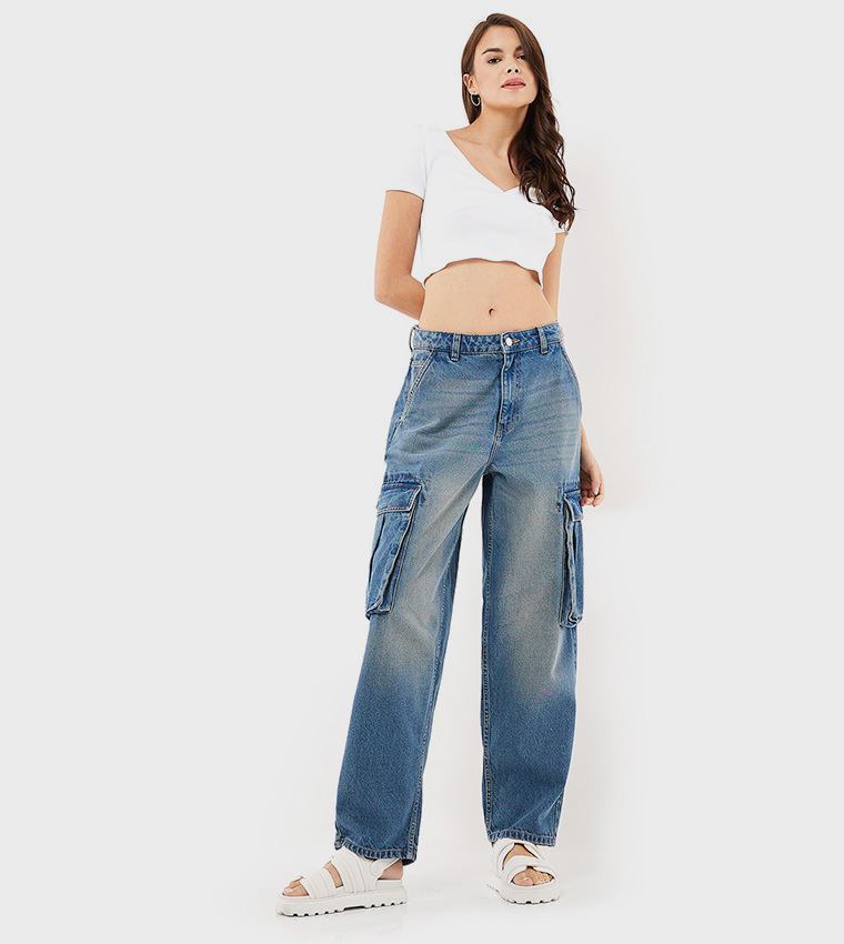 Faded Cargo Jeans with Button Closure