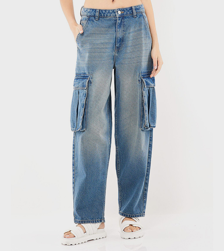 Faded Cargo Jeans with Button Closure