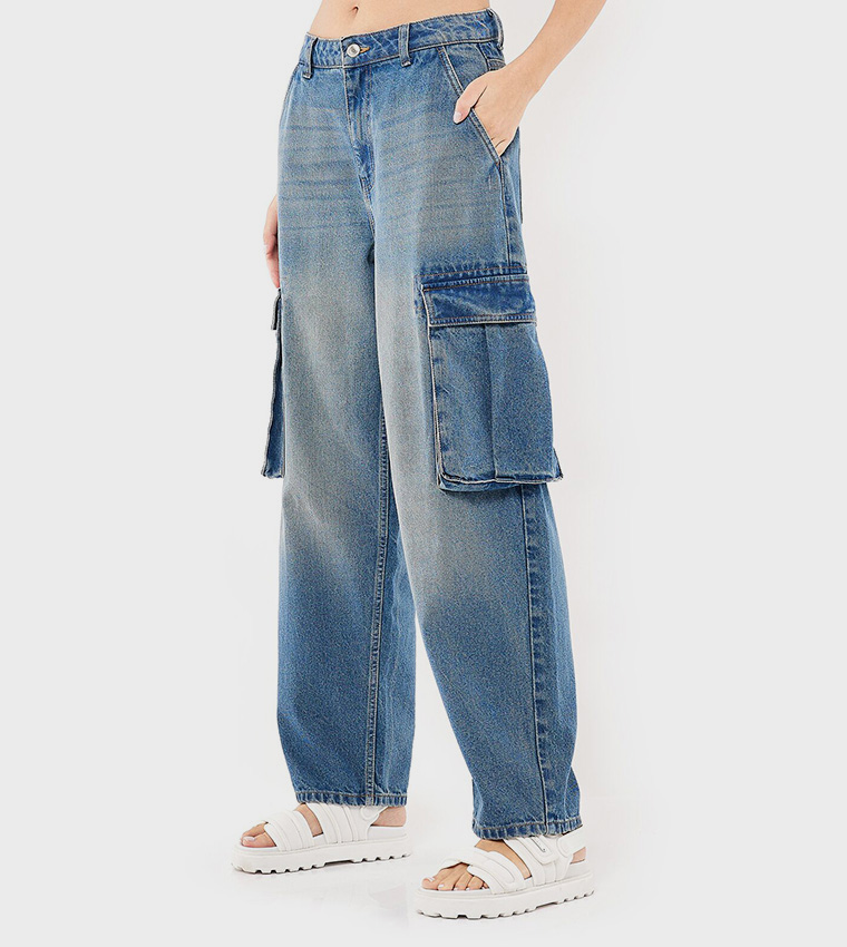Faded Cargo Jeans with Button Closure