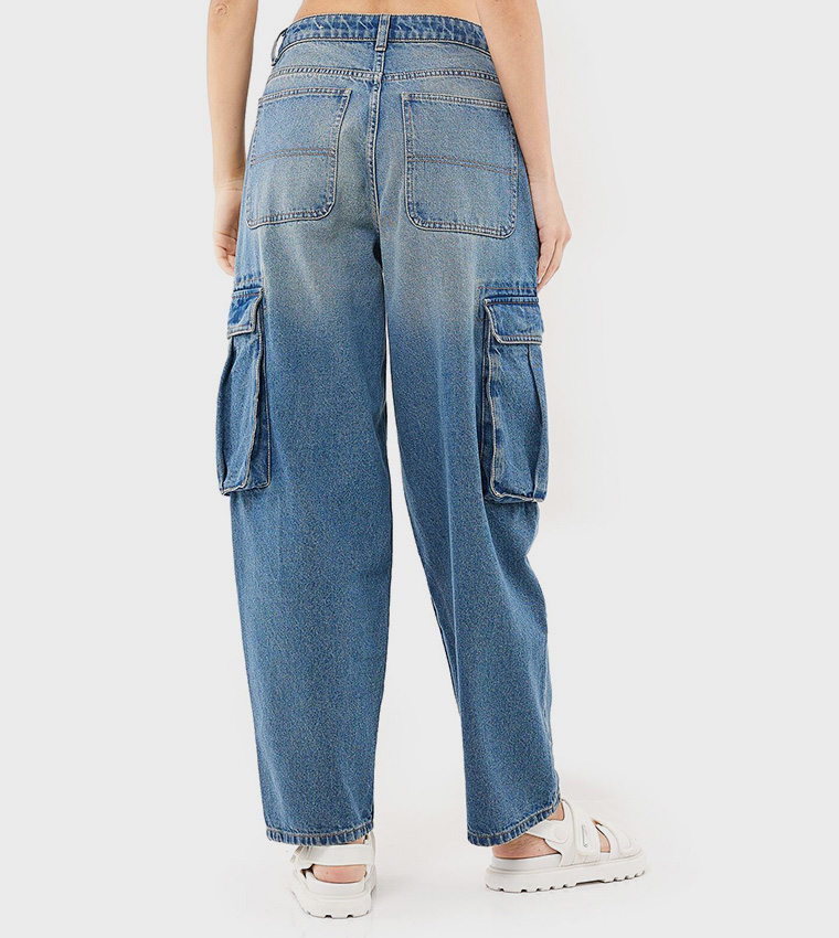 Faded Cargo Jeans with Button Closure