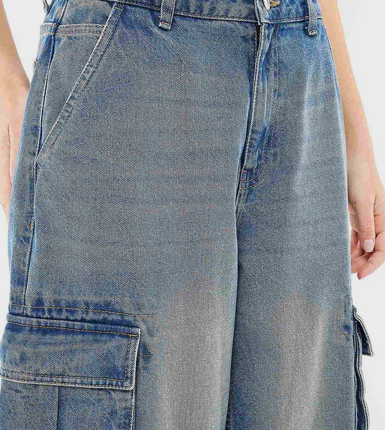 Faded Cargo Jeans with Button Closure