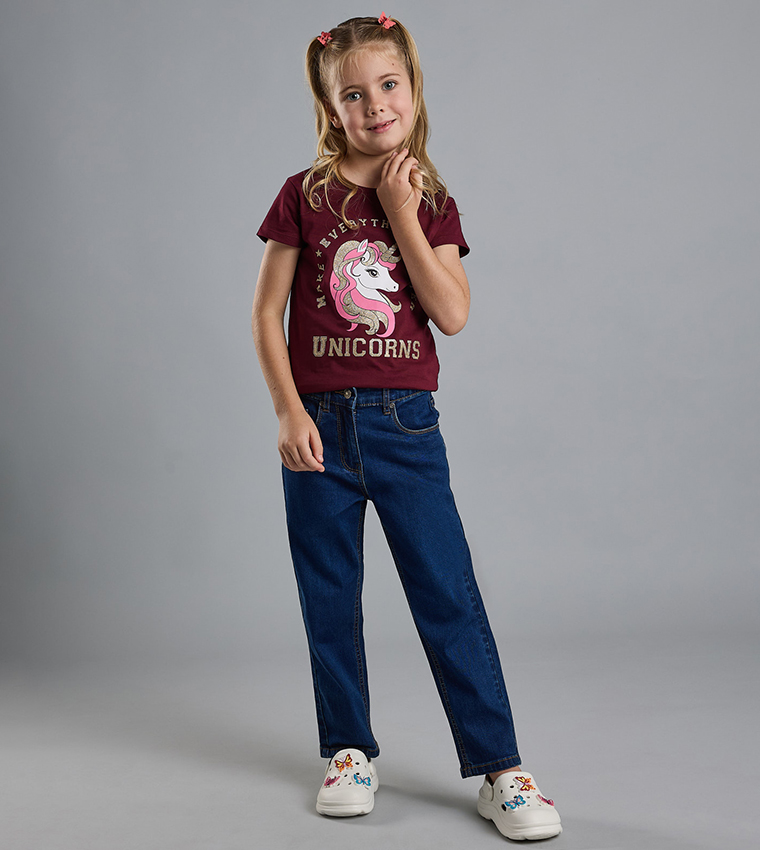 Washed Straight Fit Jeans with Button Closure