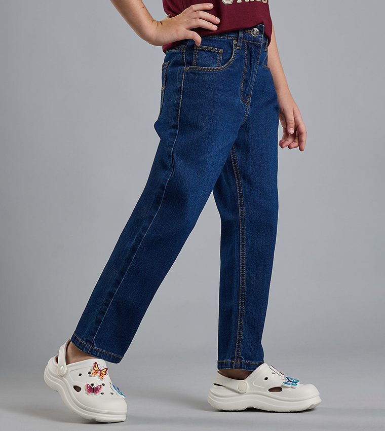 Washed Straight Fit Jeans with Button Closure