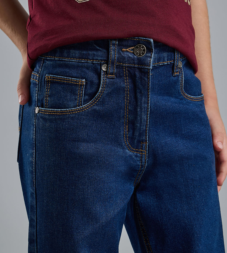 Washed Straight Fit Jeans with Button Closure