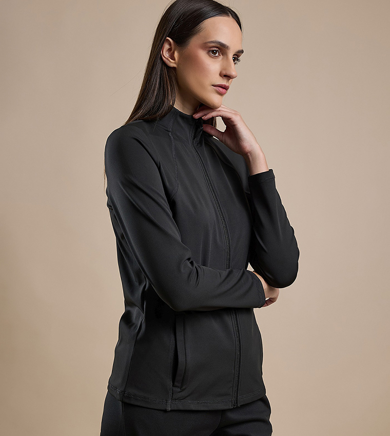 Solid Active Jacket with Zipper Closure