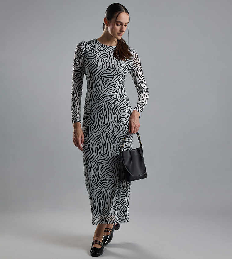 Patterned Bodycon Dress with Crew Neck and Long Sleeves