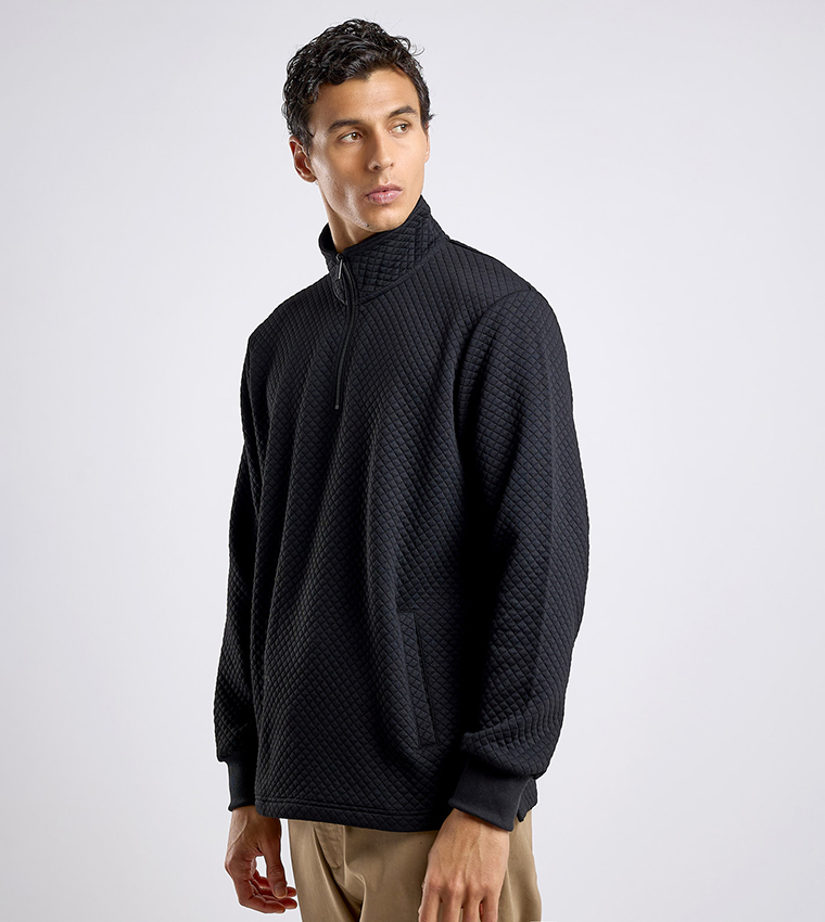 Textured Sweatshirt with High Neck and Long Sleeves