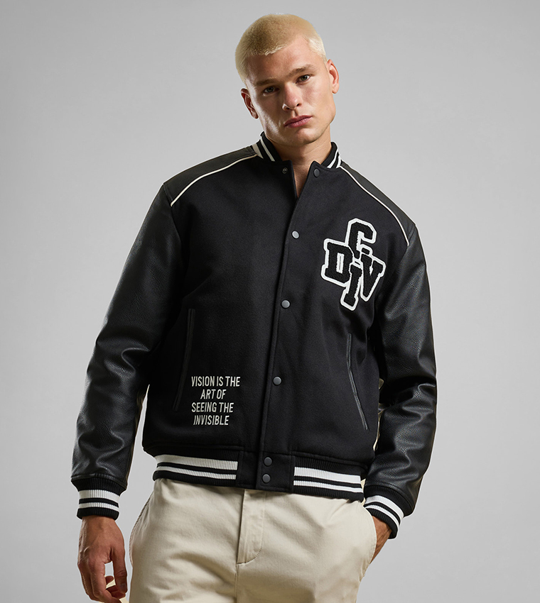 Appliqued Bomber Jacket with Button Closure