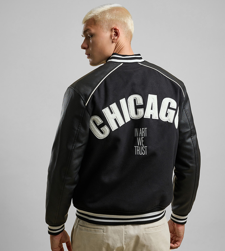 Appliqued Bomber Jacket with Button Closure