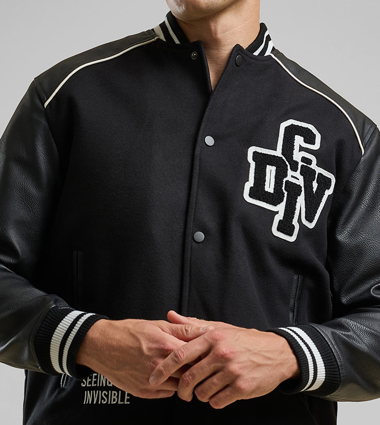 Appliqued Bomber Jacket with Button Closure