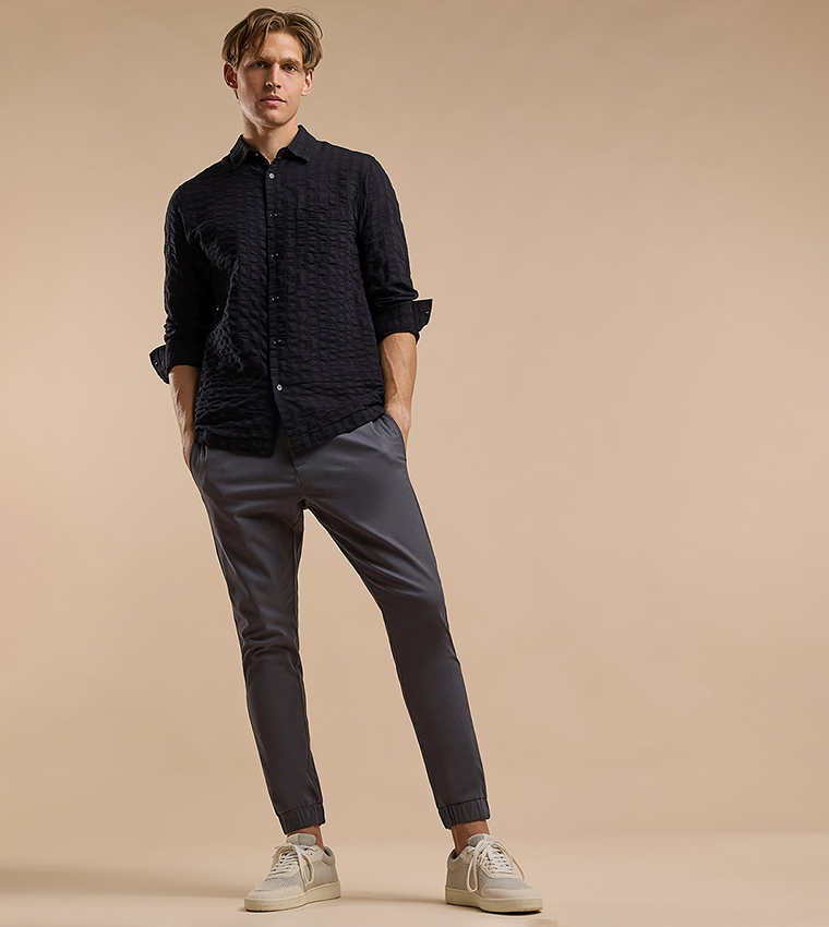 Textured Hooded Shirt with Classic Collar and Long Sleeves