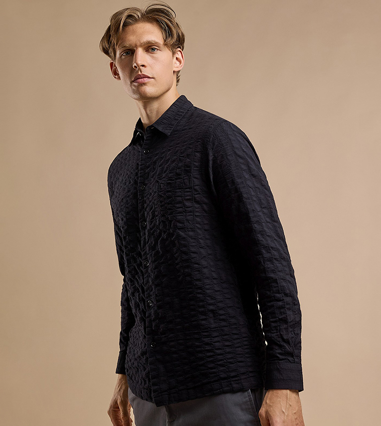 Textured Hooded Shirt with Classic Collar and Long Sleeves