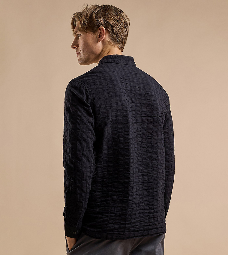 Textured Hooded Shirt with Classic Collar and Long Sleeves