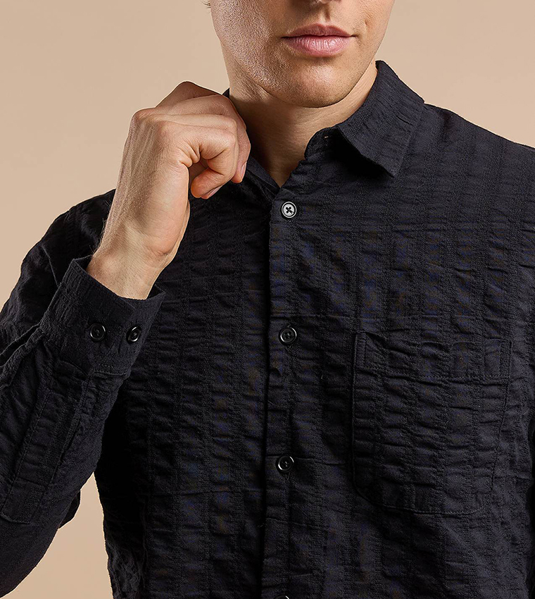 Textured Hooded Shirt with Classic Collar and Long Sleeves