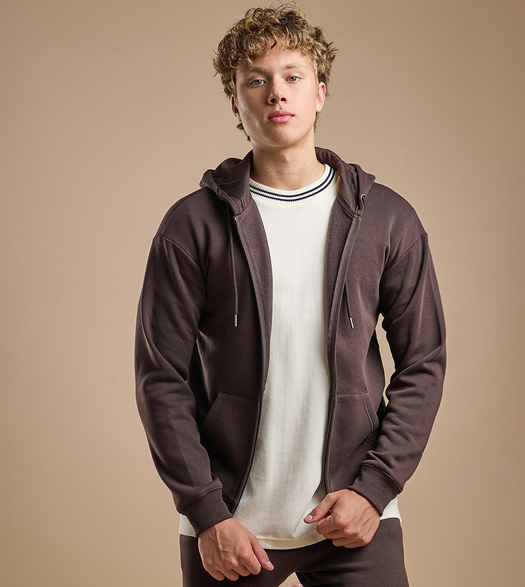 Solid Hooded Jacket with Zipper Closure