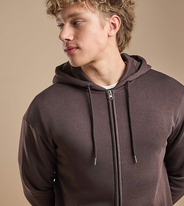 Solid Hooded Jacket with Zipper Closure