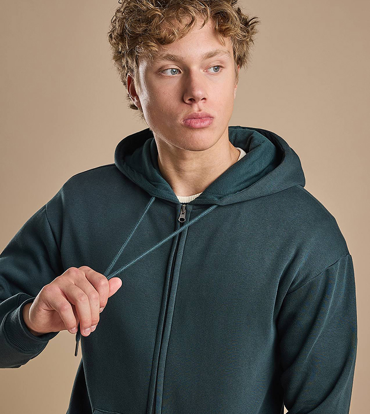 Solid Hooded Jacket with Zipper Closure