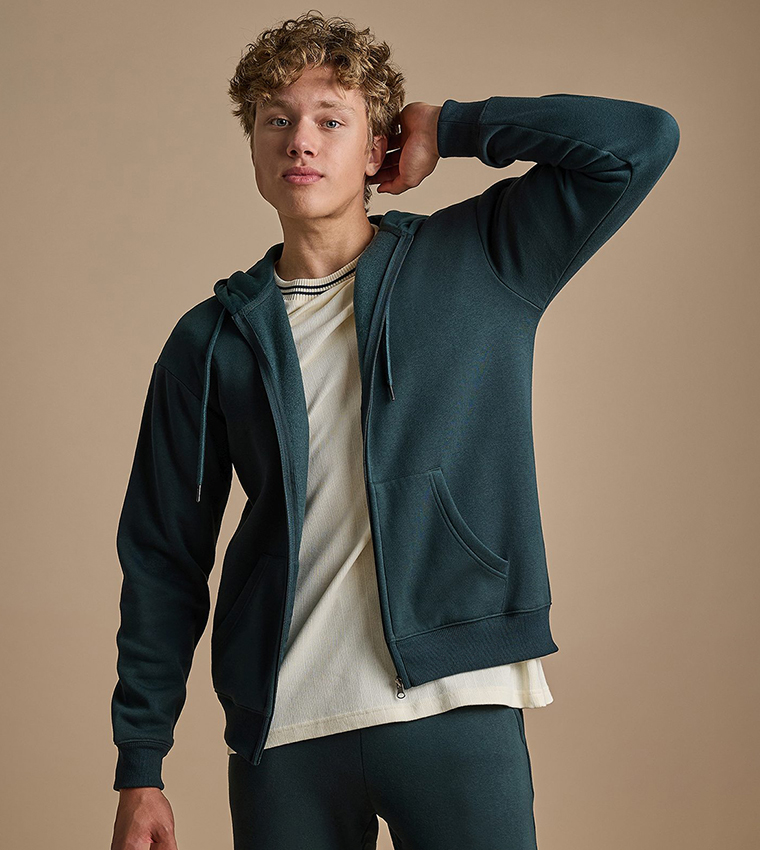 Solid Hooded Jacket with Zipper Closure