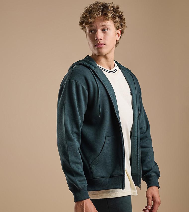 Solid Hooded Jacket with Zipper Closure