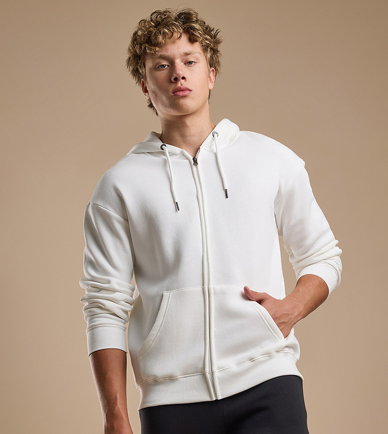 Solid Hooded Jacket with Zipper Closure
