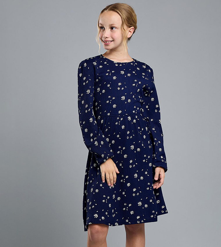 Printed Flared Dress with Crew Neck and Long Sleeves