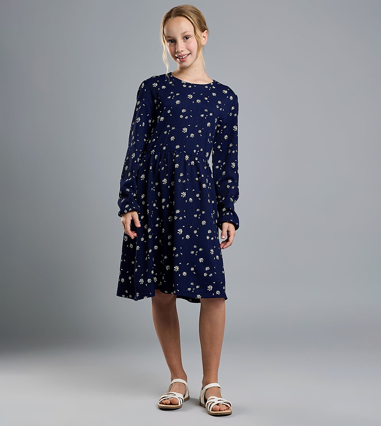 Printed Flared Dress with Crew Neck and Long Sleeves