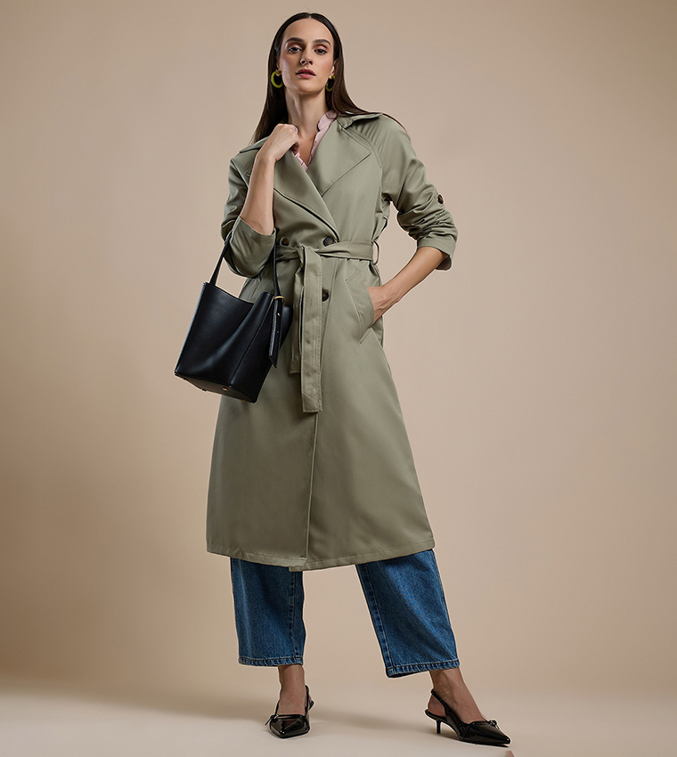 Solid Double Breasted Overcoat with Long Sleeves