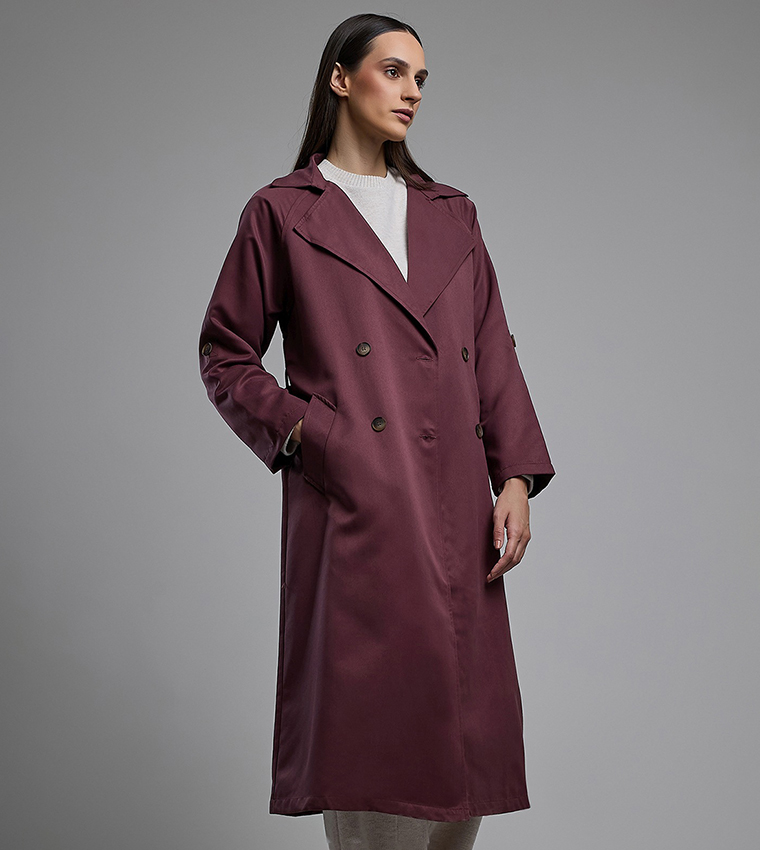 Solid Double Breasted Overcoat with Long Sleeves