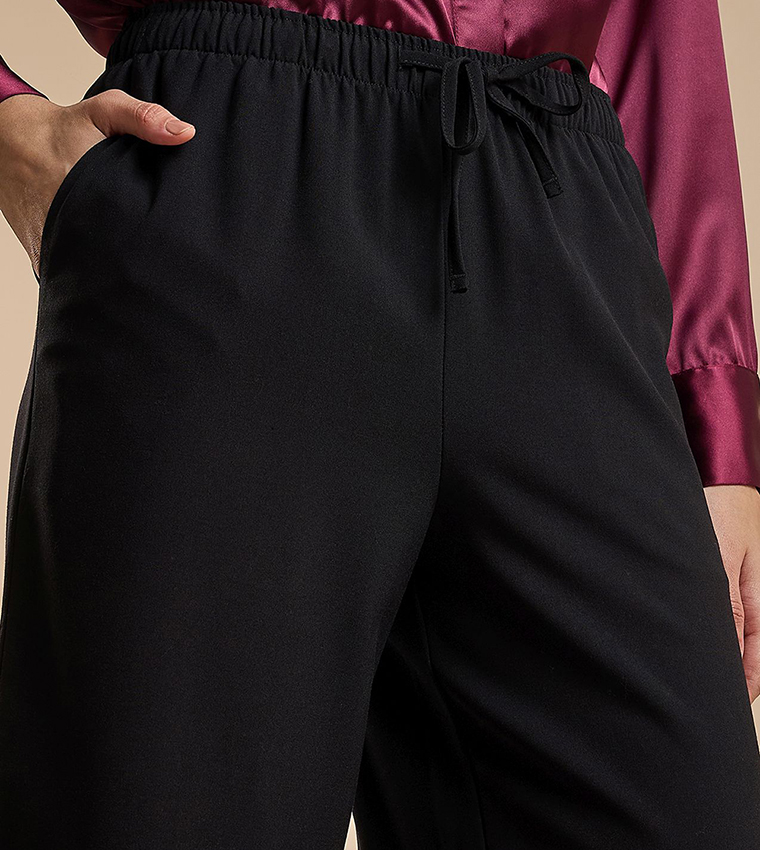 Solid Wide Keg Pants with Drawstring Waist
