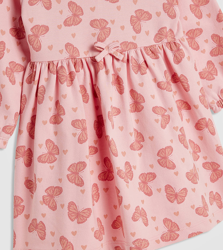 Printed Dress with Crew Neck and Long Sleeves