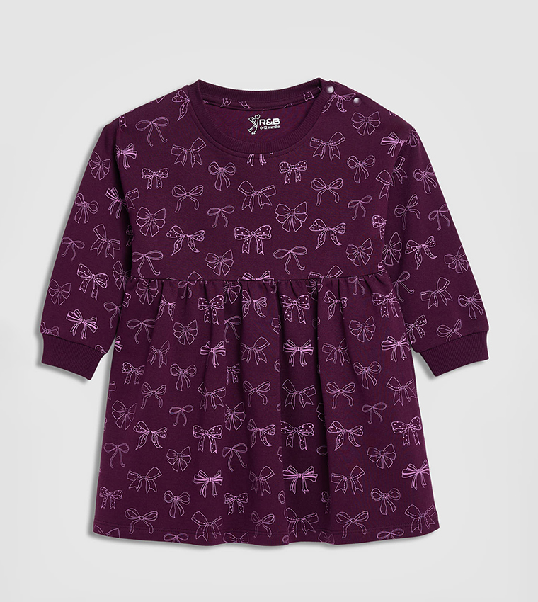 Printed Dress with Crew Neck and Long Sleeves