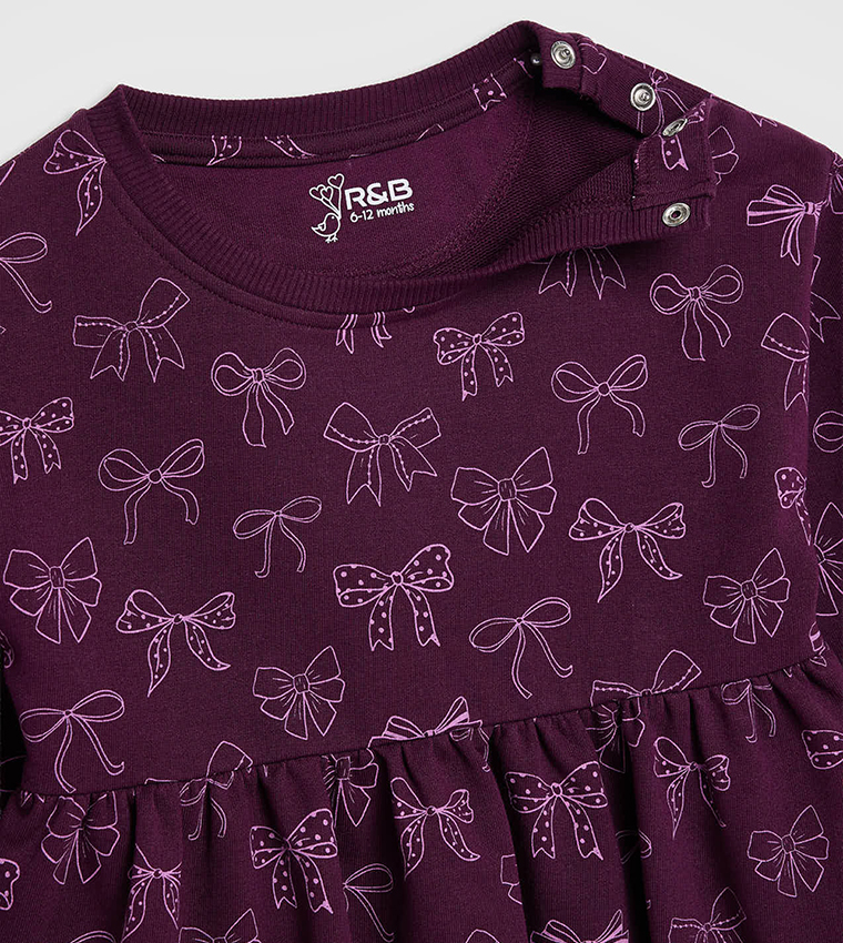 Printed Dress with Crew Neck and Long Sleeves
