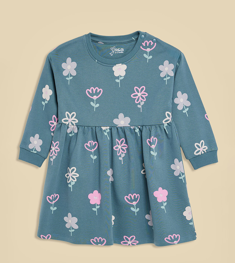 Printed Dress with Crew Neck and Long Sleeves