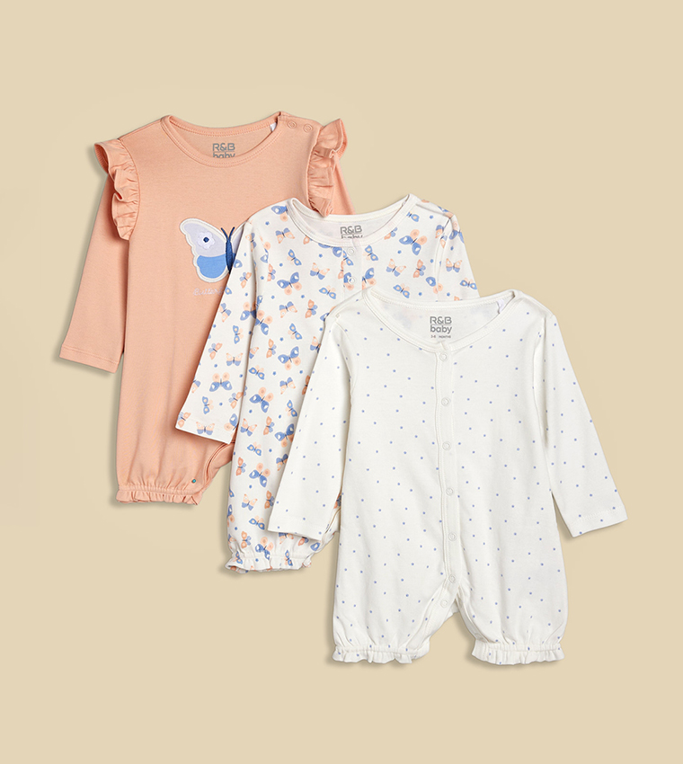 3 Pack Printed Rompers with Long Sleeves