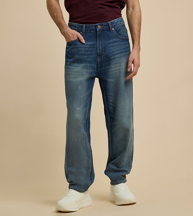 Faded Relaxed Fit Jeans with Button Closure